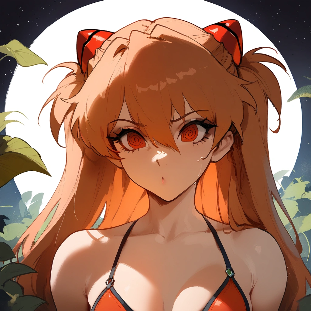 1girl, souryuu asuka langley, neon genesis evangelion \\\\\ masterpiece, best quality, very aesthetic, absurdres, newest \\\\\\ simple background, space background. bikini, greenery, ,  slim body,///// ,by nyantcha, , cutesexyrobutts,khyle ,,////// 18 years old girl,thin waist ,,solo, , stars, @_@, portrait, ,detailed face, , bare neck.