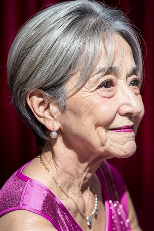 80-year-old grandmother、100 years old、Short neck、Mouth wrinkles、Gray Hair、Thinning hair、There are so many wrinkles、Magenta Outfit、whole body、My lower back hurts、Mole at the corner of the mouth,