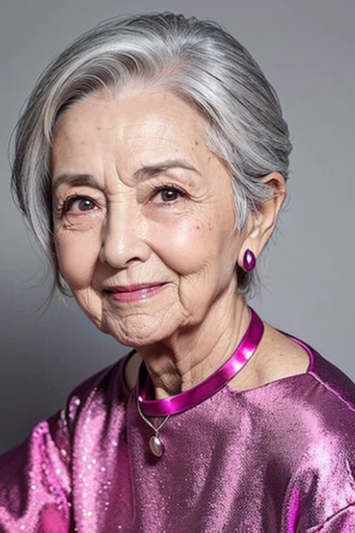 80-year-old grandmother、100 years old、Short neck、Mouth wrinkles、Gray Hair、Thinning hair、There are so many wrinkles、Magenta Outfit、whole body、My lower back hurts、Mole at the corner of the mouth,