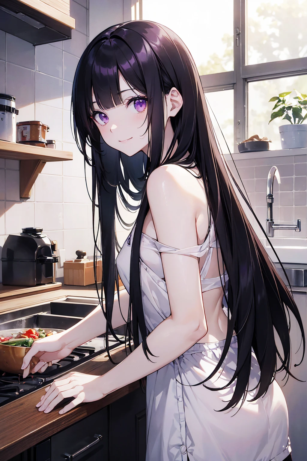 look back、Realistic, Real person, (Pale skin: 1.2), RAW Photos, Realistic, Portrait Photography, Glowing Skin, Japanese Idols、Shiny Hair、(A 25-year-old woman with straight medium-length hair and bangs) and (Black Hair) and (Purple eyes) , Wearing a white T-shirt、 smile, The background is the kitchen、alone、cooking,Small breasts,Flat chest