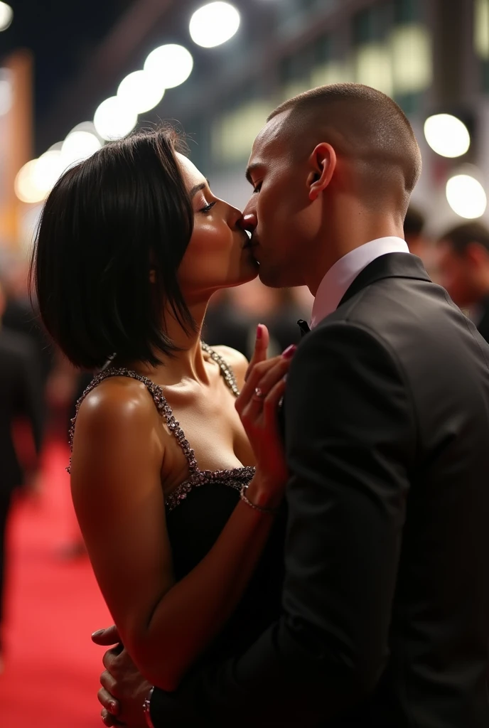 michelle rodriguez hot with bob cut kissing a man with buzz cut at cheek at movie premier,kissing in cheek