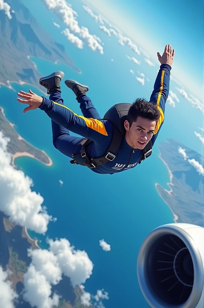 Create an image of an individual performing an extreme sport, such as skydiving. The individual is wearing casual sports attire with a prominent logo, and is in close proximity to a large aircraft engine mid-flight. The background reveals a breathtaking view of the Earth from high altitude, showcasing landmasses, bodies of water, and cloud formations.