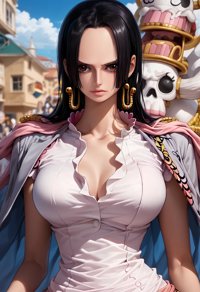 (((完美shape，shape，alone， (((High School Uniform、Grey jacket、Pleated skirt、White blouse、tie、Earrings)))，(((one piece、Boa Hancock, Hancock, Black Hair, Brown eyes, Long Hair)))，((masterpiece)),High resolution, ((Best quality at best))，cute、Beauty、masterpiece，quality，Best quality，((( Exquisite facial features，Looking at the audience,There is light in the eyes，(((Cool look)))，)))，型shape:1.7)))，(((Light and shadow，Huge breasts)))，(((Looking into the camera)))
