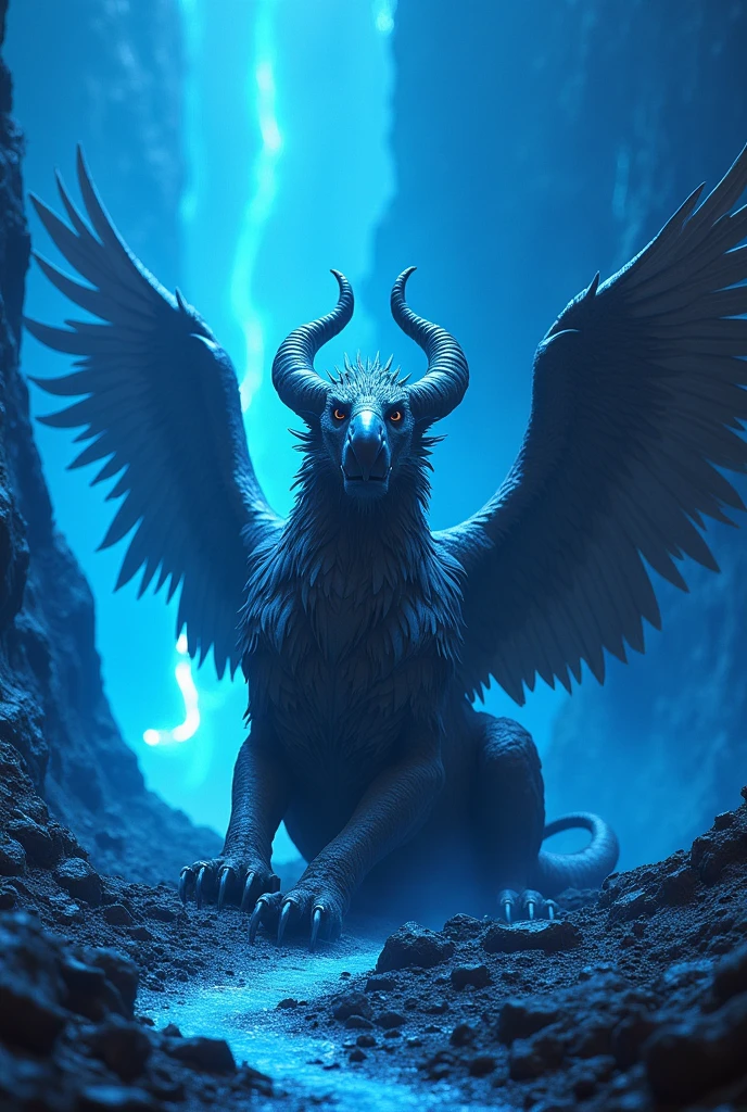 Create the horizontal image of the mythical being Griffin, imposing 3D with huge horns prostrate in a blue lava volcano
