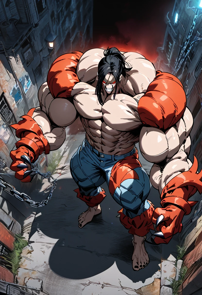 Pitt,a Image Comics character, muscular,buff,long hair,ponytail,grey skin, alien guy,red eyes,big hands,big feet’s,big jaw,great cheeks bones,heavy claws,shirtless, a powerful physique,tired up jeans with heavy chains tied around the body,a tiny black jacket without sleeves and a red col,standing barefoot in an urban setting, inspired by the style of Marc Silvestri, 90’s comics, masterfully rendered with exceptional detail and realism, vivid colors, and dramatic lighting.