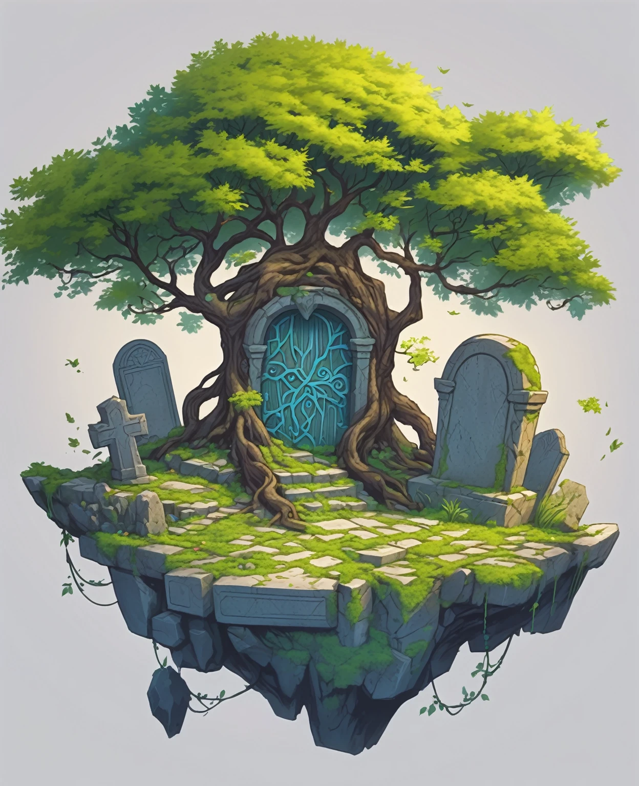 a floating tree with roots, and many tiny grave stones scattered around the base of it's trunk. The tree is covered in mossy leaves, and there’s an ancient stone door at its center that leads to another side of the scene. In front of them lies some old gray concrete tombstones. Drawn as cartoon style art for dungeons & dragons game, fantasy art, digital painting