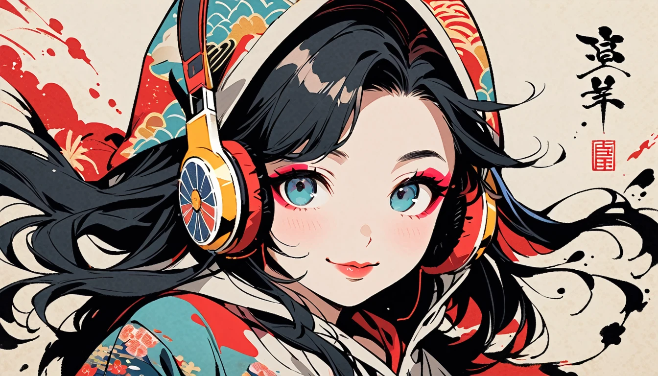 (((Ink Painting))), (((from above))), (((1 female))), (((Put on the hood))), (((Japanese pattern hoodie))), (((Very flashy makeup))), Japanese style headphones, devil, face close-up, front view, Japan人の美少女, Black Hair, Delicate and precise, Modern ukiyo-e style,Japan, Droopy eyes, round face, smile, Fuller lips, vivid color