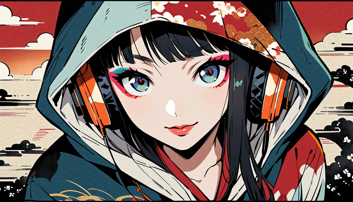 (((Ink Painting))), (((from above))), (((1 female))), (((Put on the hood))), (((Japanese pattern hoodie))), (((Very flashy makeup))), Japanese style headphones, devil, face close-up, front view, Japan人の美少女, Black Hair, Delicate and precise, Modern ukiyo-e style,Japan, Droopy eyes, round face, smile, Fuller lips, vivid color
