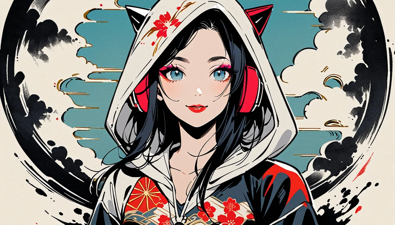 (((Ink Painting))), (((from above))), (((1 female))), (((Put on the hood))), (((Japanese pattern hoodie))), (((Very flashy makeup))), Japanese style headphones, devil, face close-up, front view, Japan人の美少女, Black Hair, Delicate and precise, Modern ukiyo-e style,Japan, Droopy eyes, round face, smile, Fuller lips, vivid color