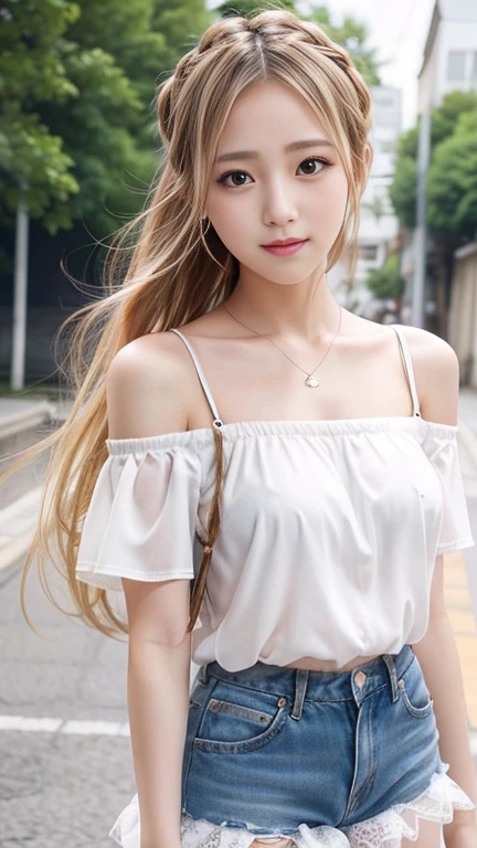 Sexy cute looks and cute  beautiful girl, Beautiful and sexy face、A strong wind blows my hair in front of my face、Blonde French braids with cute and sexy eyes hidden by long bangs、Off-the-shoulder T-shirt、Tulle miniskirt