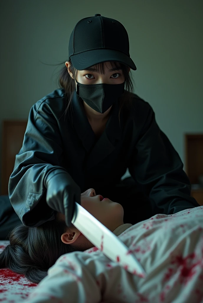 korean girl, (behind stiff, holding knife), stabbing, black surgical mask, black gloves, torture chamber, black raincoat, trucker hat, holding knife, black gloves, woman on top, behind cadaver, blood splatter, on the bed, looking at viewer, mass murderer, killer, low ponytail, blood splatter, dark room, night, by the window