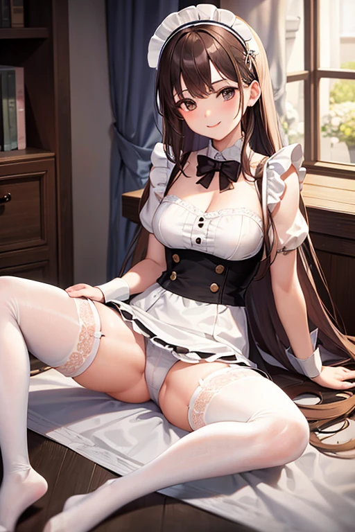 Highest quality, masterpiece, Adult women,8 heads，Classical maid outfit，Brown Hair，Long Hair，Bedroom，Sit in the corner of the bed，Spread your legs、Leg spread，White tights，White garter belt，White shorts，A seductive smile, 