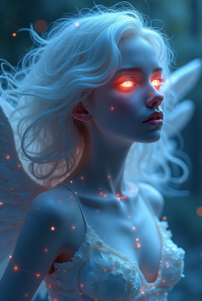 Cosmic Fallen Angel, glowing light eyes, Delicate and beautiful face,Bigchest,Biomechanical, eerie, Dream-like, Very bright colors, Light particles, with light glowing, Mshiv, wallpaper art, UHD wallpaper,sky hair color