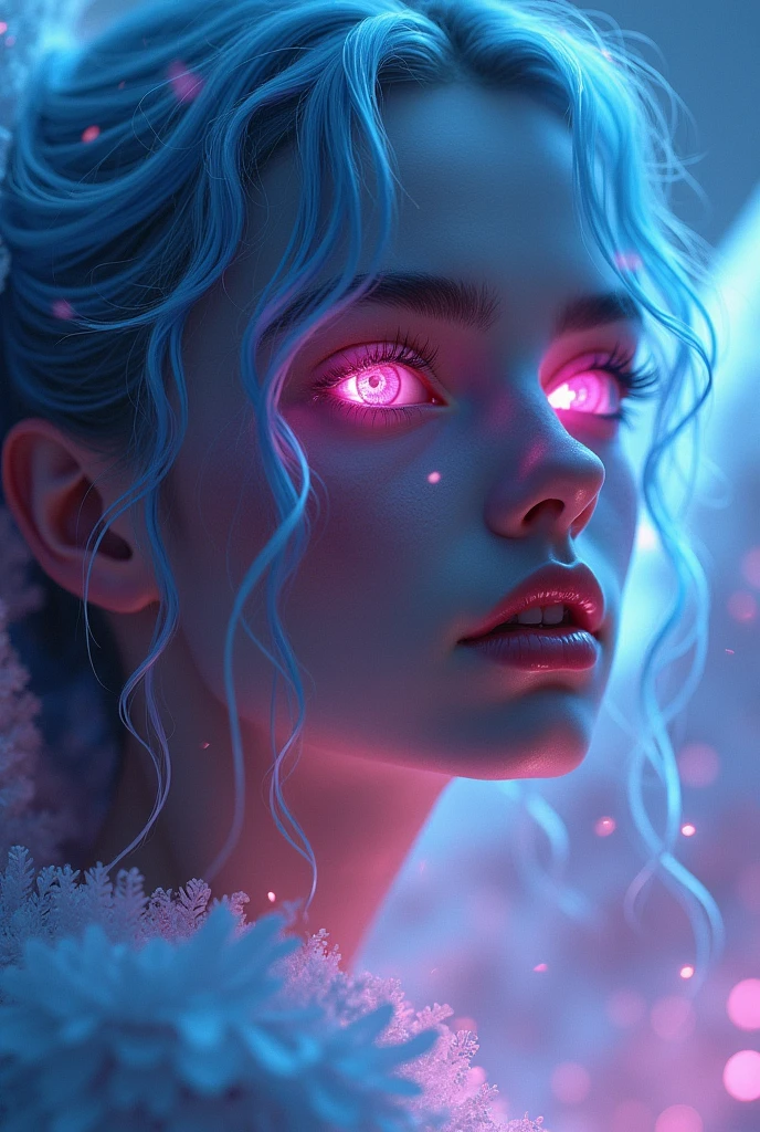 Cosmic Fallen Angel, glowing light eyes, Delicate and beautiful face,Bigchest,Biomechanical, eerie, Dream-like, Very bright colors, Light particles, with light glowing, Mshiv, wallpaper art, UHD wallpaper,sky hair color