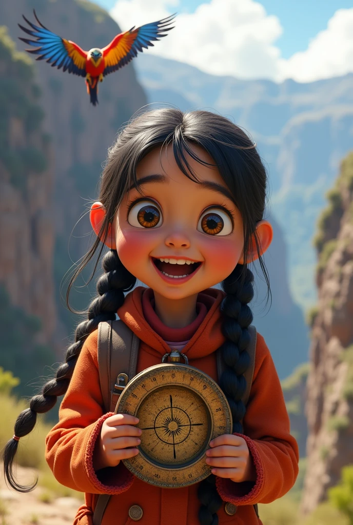 A Peruvian girl with braided hair and big eyes,happy, Colca Canyon explorer, se encuentra una antigua brújula muy emocionada y happy detrás de ella un ave gigante multicolor que vuela a lo lejos la cuida