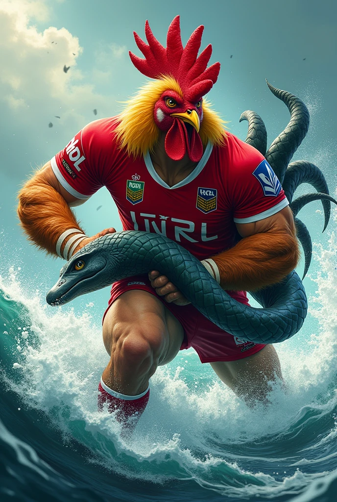 Muscular rooster dressed up in NRL red uniform high tackling the ocean eel