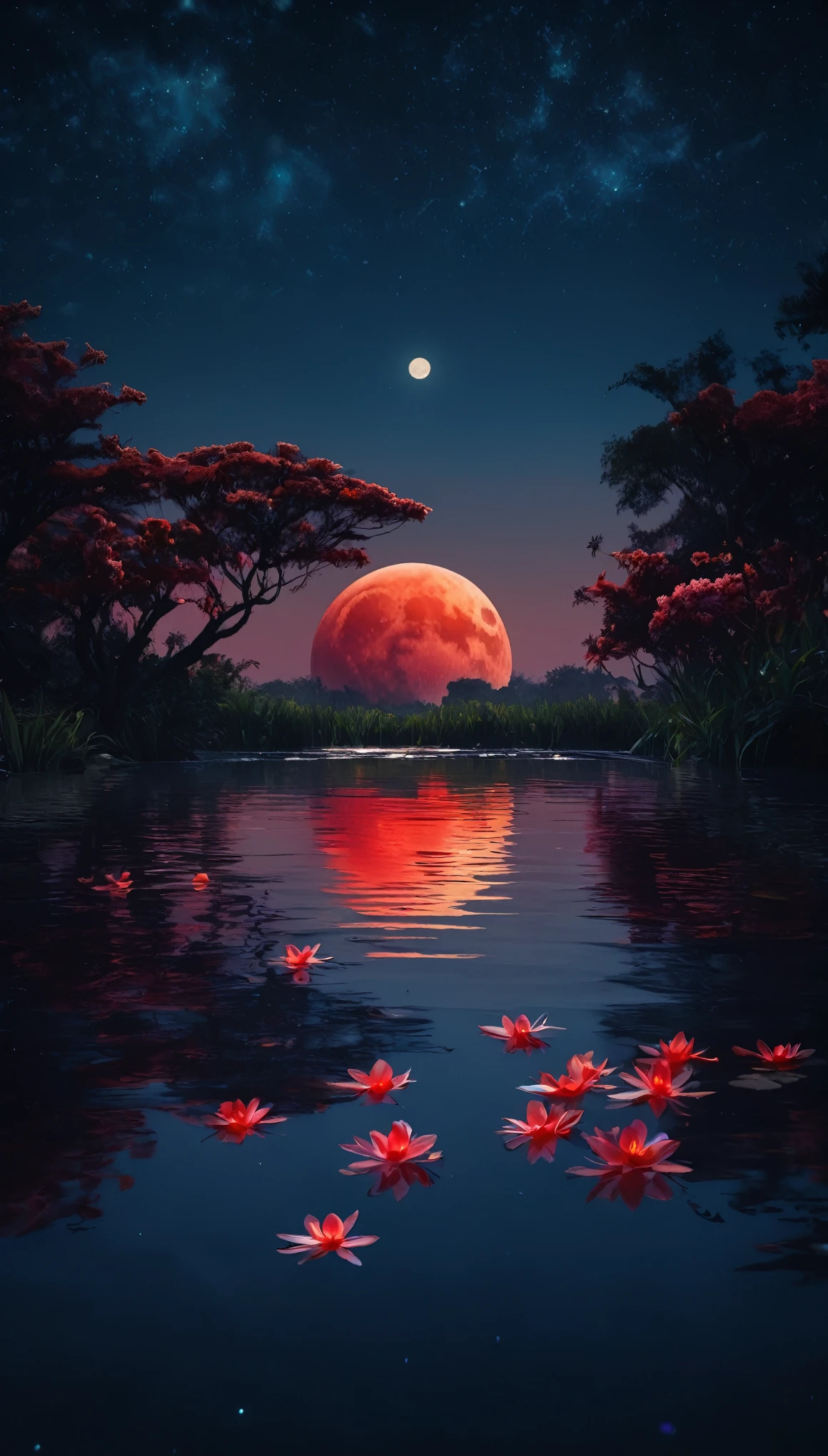 best quality,highres,masterpiece:1.2,ultra-detailed,realistic:1.37,red moon reflected in water,symmetrical scene,serene atmosphere,glistening water surface,tranquil garden setting,glowing red moon,crimson moonlight,dark silhouettes of trees,twinkling stars in the night sky,pure reflection of the moon in the calm water,peaceful and ethereal mood,meticulously detailed moon surface,colorful flowers in bloom,delicate ripples on the water,soft moonlight illuminating the surroundings,calm and stillness,water shimmering with the moon's reflection,mystical and enchanting ambiance