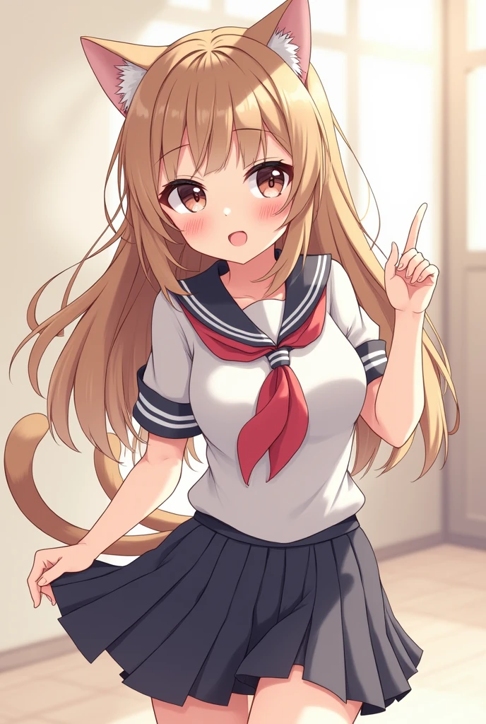 Anime girl cat ears furry cat tail school clothes school with many friends make cute moves