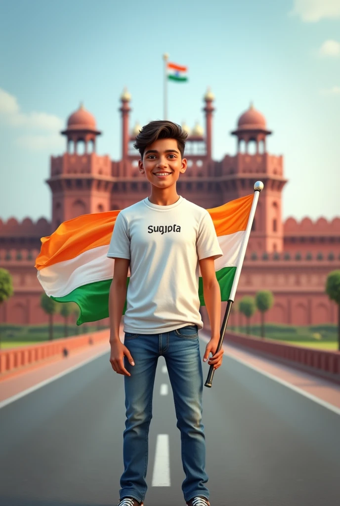 Generate a Realistic 20 years old boy, Wearing White T shirt blue jeans sneakers and the name "Sudipta" is written on his t-shirt and the boy is standing on the road with holding a national flag of India, and behind him is the Red Fort Delhi. And written on sky "Independence Day" Create Realistic image high quality