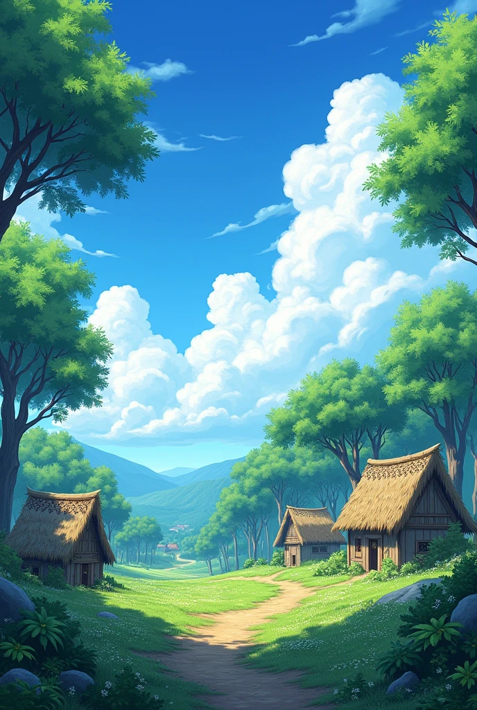 beautifully secnary ,pic sky , trees, and may huts 
