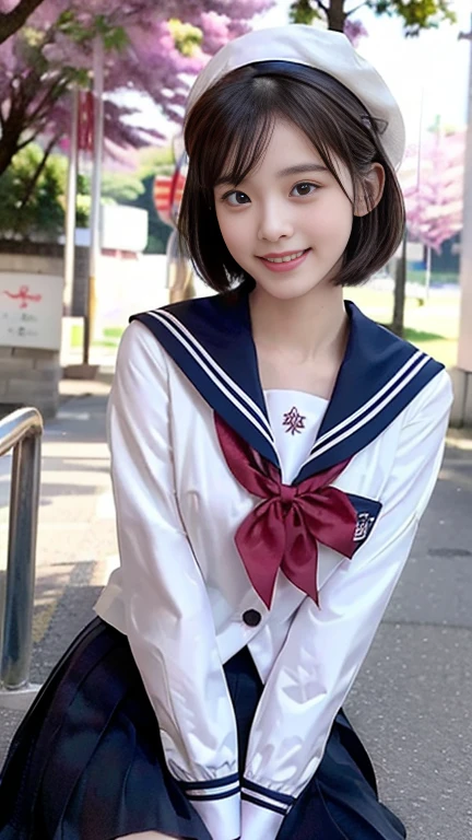 (A gorgeous Japanese lady, age 28, wearing seifuku, school uniform, sailor moon, jk uniform, high-school uniform, short shirt, plaid or pleated skirts, bowtie red ribbon, optional sailor hat, knee+high socks, at Cherry Blossom Festival, 

Easygoing expressions, kind smile, dimpled chins, cute snaggle-tooth, short bob hair, short ponytail, symmetrical face, realistic detailed face, beautiful detailed eyes, perfect body proportions, perfect ????????????, hourglass figure, ample round bosoms, medium breasts,

Raw photo, photorealistic, realistic portrait, hyper-realism, high contrast, ultra HD, realistic skin textures, top image quality, top-quality, super high resolution, fine details, very meticulously, masterpiece, medium shot, close-up shot, cowboy shot, High Angle Shot, bokeh background, SFW, Safe For Work)