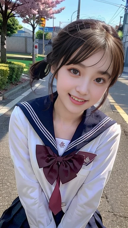 (A gorgeous Japanese lady, age 28, wearing seifuku, school uniform, sailor moon, jk uniform, high-school uniform, short shirt, plaid or pleated skirts, bowtie red ribbon, optional sailor hat, knee+high socks, at Cherry Blossom Festival, 

Easygoing expressions, kind smile, dimpled chins, cute snaggle-tooth, short bob hair, short ponytail, symmetrical face, realistic detailed face, beautiful detailed eyes, perfect body proportions, perfect body anatomy, hourglass figure, ample round bosoms, medium breasts,

Raw photo, photorealistic, realistic portrait, hyper-realism, high contrast, ultra HD, realistic skin textures, top image quality, top-quality, super high resolution, fine details, very meticulously, masterpiece, medium shot, close-up shot, cowboy shot, High Angle Shot, bokeh background, SFW, Safe For Work)