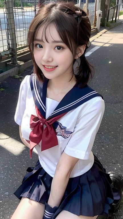 (A gorgeous Japanese lady, age 28, wearing seifuku, school uniform, sailor moon, jk uniform, high-school uniform, short shirt, plaid or pleated skirts, bowtie red ribbon, optional sailor hat, knee+high socks, at Cherry Blossom Festival, 

Easygoing expressions, kind smile, dimpled chins, cute snaggle-tooth, short bob hair, short ponytail, symmetrical face, realistic detailed face, beautiful detailed eyes, perfect body proportions, perfect body anatomy, hourglass figure, ample round bosoms, medium breasts,

Raw photo, photorealistic, realistic portrait, hyper-realism, high contrast, ultra HD, realistic skin textures, top image quality, top-quality, super high resolution, fine details, very meticulously, masterpiece, medium shot, close-up shot, cowboy shot, High Angle Shot, bokeh background, SFW, Safe For Work)