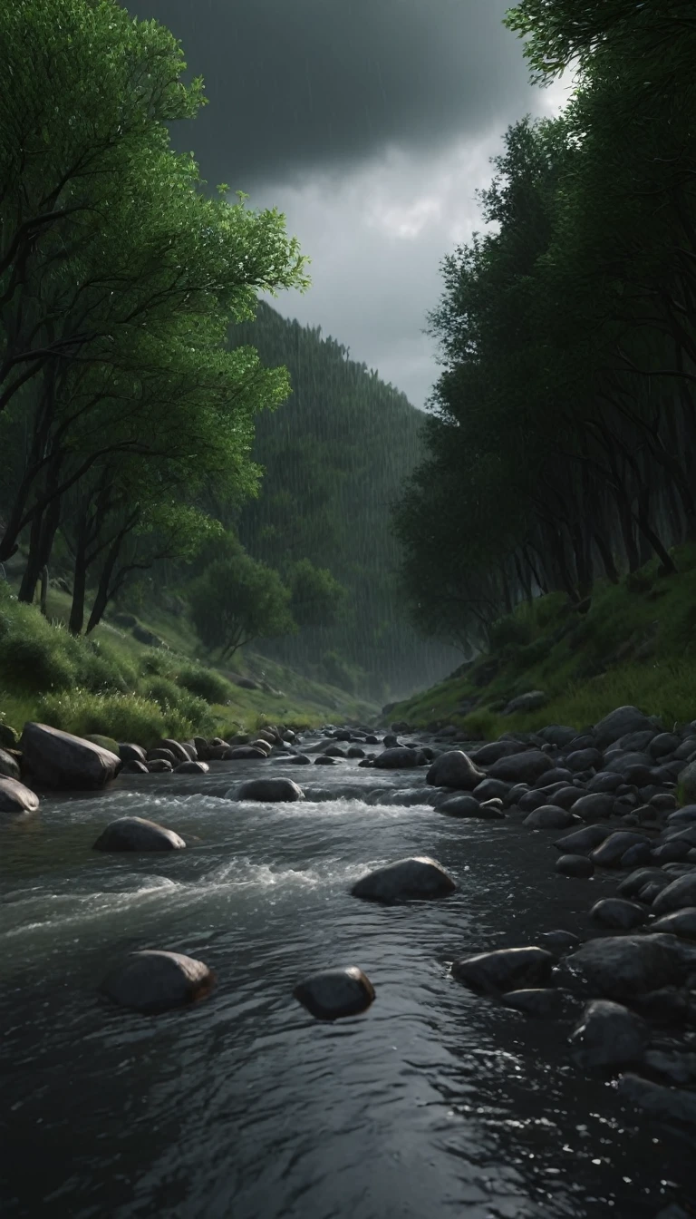 Ultra realistic, ultra high resolution, ultra high definition, ultra high quality, octane renderings, cinematic shot,low angle view, on the stoney riverbank near the fast flowing clear water stream can see through inside it,a very tranquil moment,at the background there's high trees,dark black cloudy,heavy rain, storming, windy