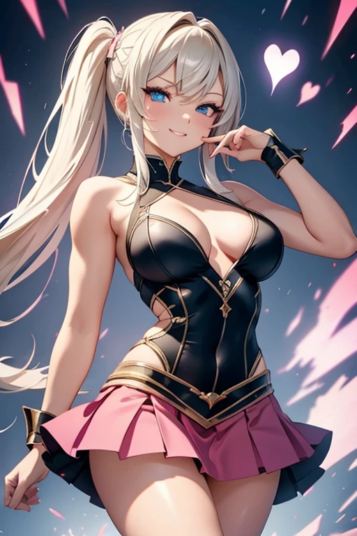 solo, A beautiful evil lady assassin , gazing condescendingly at the viewer with a cute grinning expression, ((heart marks are floating in the background, kiss, blow a kiss to the viewer)), (opening your legs), (not showing your skin), extremely detailed , masterpiece quality, ultra-detailed, HDR, vivid colors, physically-based rendering, thick muscular thighs, beautiful muscular thighs, attractive buttocks, High resolution, accurate, Anatomically correct, Winner of numerous awards, best quality, detail, high detail, high quality, quality, Retina, Very detailed, Textured skin, Ultra high definition, (((attacking the viewer))), blonde twintail, battle, fighting, victory, seduction, temptation, pink tight dress, wearing a short skirt, white blous