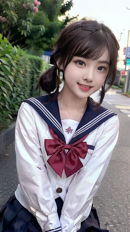 (A gorgeous Japanese lady, age 28, wearing seifuku, school uniform, sailor moon, jk uniform, high-school uniform, short shirt, plaid or pleated skirts, bowtie red ribbon, optional sailor hat, knee+high socks, at Cherry Blossom Festival, 

Easygoing expressions, kind smile, dimpled chins, cute snaggle-tooth, short bob hair, short ponytail, symmetrical face, realistic detailed face, beautiful detailed eyes, perfect body proportions, perfect body anatomy, hourglass figure, ample round bosoms, medium breasts,

Raw photo, photorealistic, realistic portrait, hyper-realism, high contrast, ultra HD, realistic skin textures, top image quality, top-quality, super high resolution, fine details, very meticulously, masterpiece, medium shot, close-up shot, cowboy shot, High Angle Shot, bokeh background, SFW, Safe For Work)