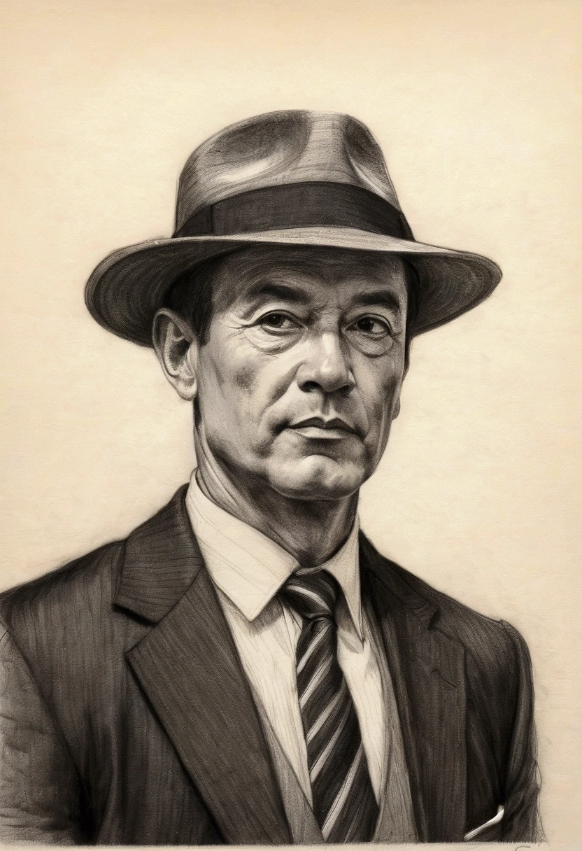 Drawing of a man wearing a hat and tie, Abstract charcoal sketch, Loose pencil sketch,