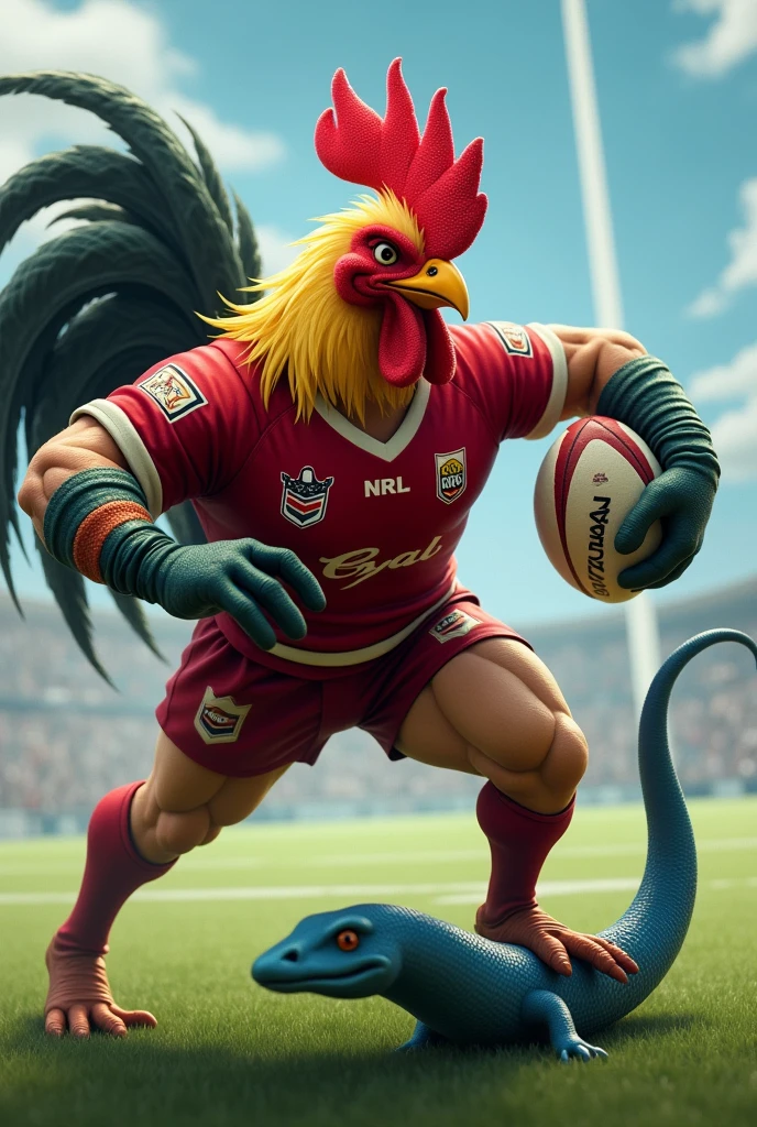 Muscular rooster dressed up in NRL red uniform high tackling the ocean eel in the rugby field