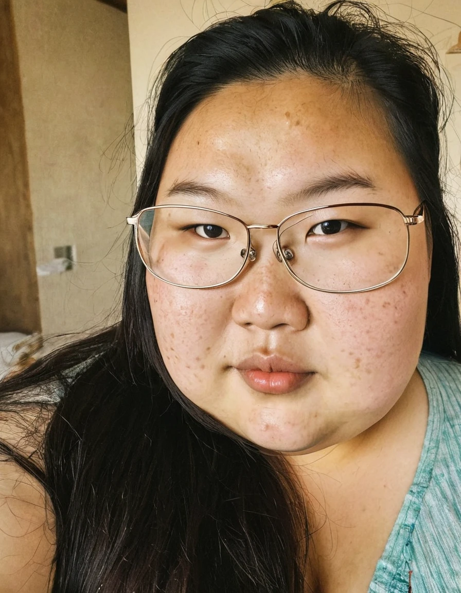 Selfie of an obese 20-year-old Mongolian woman 、Glasses、freckles:1.2,、imperfect, Glamour、Cleavage:1.3、Wearing clothes:1.1、Bedroom、personality