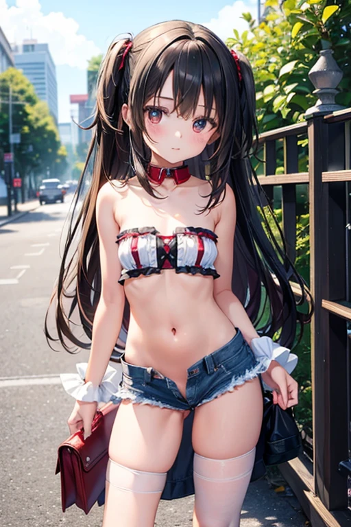 (masterpiece), Highest quality, One girl, , 8-year-old, Cute  girl, Flat Chest, Black Hair, Very long hair, View your viewers, She is wearing a bright red leather collar., 
Strapless clothing, White lace outfit, Expose the clavicle, Not wearing a bra, Nipples protruding from clothing, Erect nipples covered with lace frills, belly button, Her chest is visible from under the frills, Breasts protruding, 

Not wearing panties, denim micro mini shorts, Extremely low cut shorts, Extremely low rise shorts, Ultra-short shorts that show off your V-line, Expose your hips, Shorts are unbuttoned, She unzips her shorts, Open the front of your shorts, She pulls down her shorts, She has taken off her shorts so you can see her crotch, I can see the pussy, She purposely shows off her pussy, I can see the crotch lines, she has no pubic hair, 

White thigh-high socks, Walking around town, Standing in a crowd,