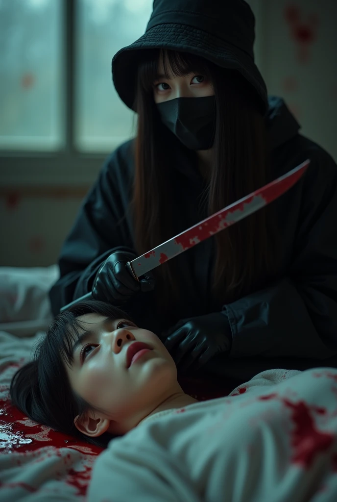 korean girl, (behind corpse, holding knife), black surgical mask, black gloves, room full of blood, black raincoat, bucket hat, looking at viewer, holding knife, black gloves, woman on top, behind corpse, blood splatter, on the bed, mass murderer, killer, long bangs, blood splatter, dark atmosphere, cinematic lighting, atmospheric realistic, light from the window, close-up,
