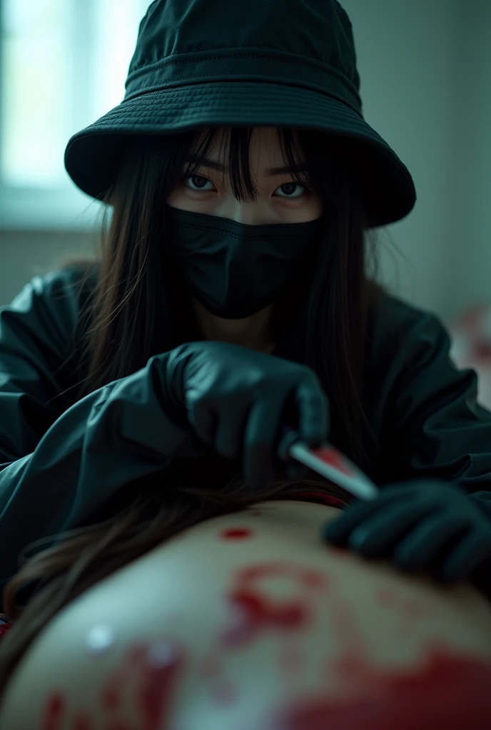 korean girl, (behind corpse, holding knife), black surgical mask, black gloves, room full of blood, black raincoat, bucket hat, looking at viewer, holding knife, black gloves, woman on top, behind corpse, blood splatter, on the bed, mass murderer, killer, long bangs, blood splatter, dark atmosphere, cinematic lighting, atmospheric realistic, light from the window, close-up,