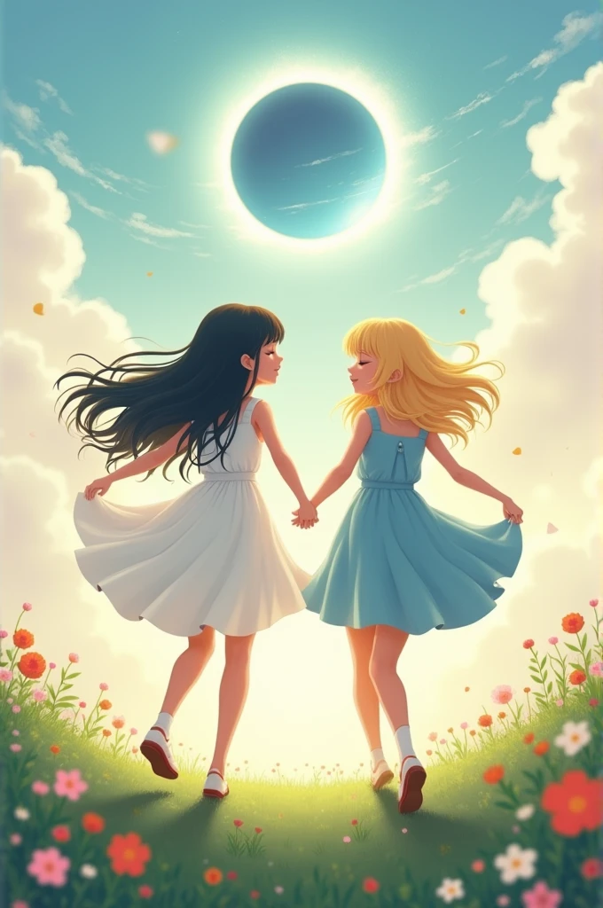 girl with dark hair, long wavy with side bangs, wearing a short white dress, and another girl next to him, with bright blonde hair with long bangs, wearing a short light blue dress. They are running holding hands, smiling with eyes closed, low in an eclipse in the sky background very nice on a lawn with flowers. looking like a beautiful friendship. Aesthetic illustrated art with soft and sweet colors, enveloping a feeling of tenderness and intrigue