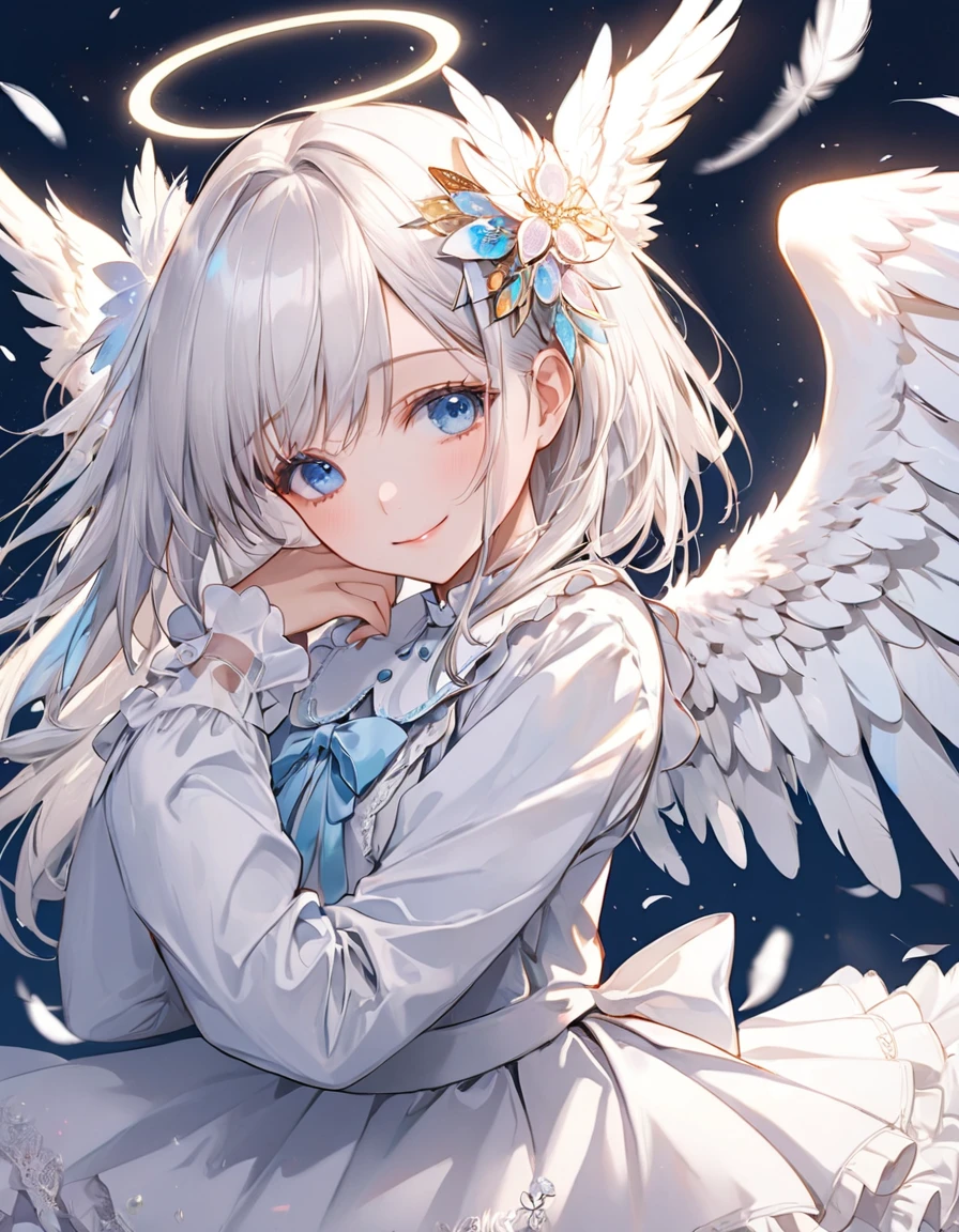 (anime art),(top-quality),(masterpiece),(4K anime style),delicately drawn face,1 girl,((solo)),(1 female angel with a sense of transparency),(beautiful detailed angel wings),flapping,fluttering feathers,beautiful detailed blue eyes,white lolita fashion,((detailed long sleeve white costume)),(detailed white tiered skirt),(beautiful silky white hair:1.2),captivating smile,abstract,a beautiful artistic illustration,((white feathers floating in the background)),cowboy shot,(wrapped in angel wings)