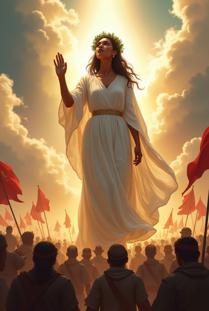 A dark-skinned woman personified as the Mexican homeland in a white garment with a laurel wreath on her head illuminated with sun rays holding the Mexican flag seen from the front pointing to the sky with her hand and below the woman many peasants walking towards battle.