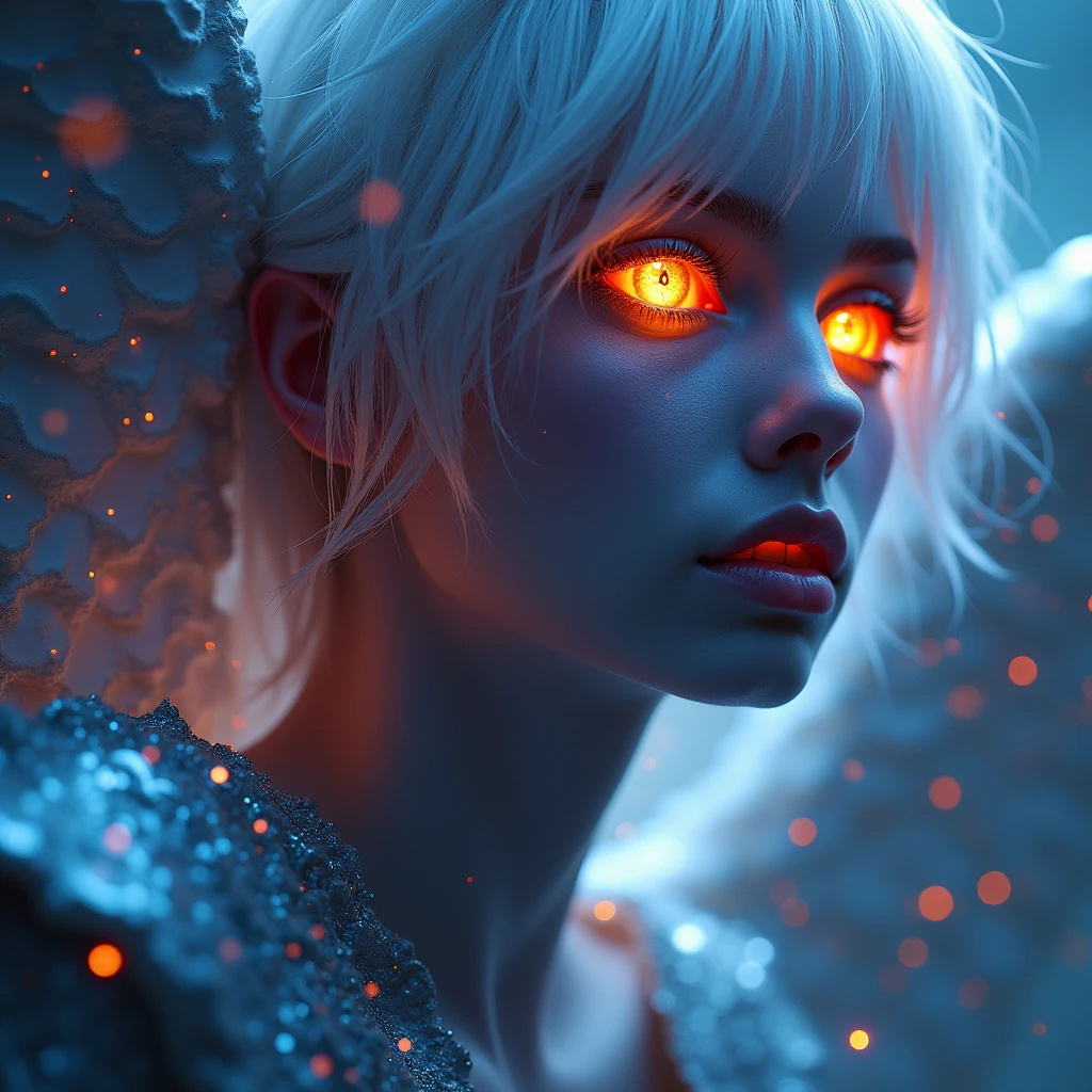Cosmic Fallen Angel, glowing light eyes, Delicate and beautiful face,Bigchest,Biomechanical, eerie, Dream-like, Very bright colors, Light particles, with light glowing, Mshiv, wallpaper art, UHD wallpaper,sky hair color