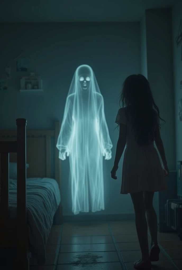 Jennifer with long hair and wearing maxci confronting a ghostly figure in her room. The ghost is ethereal and menacing, with a dark aura. The scene is filled with tension and fear."animation form