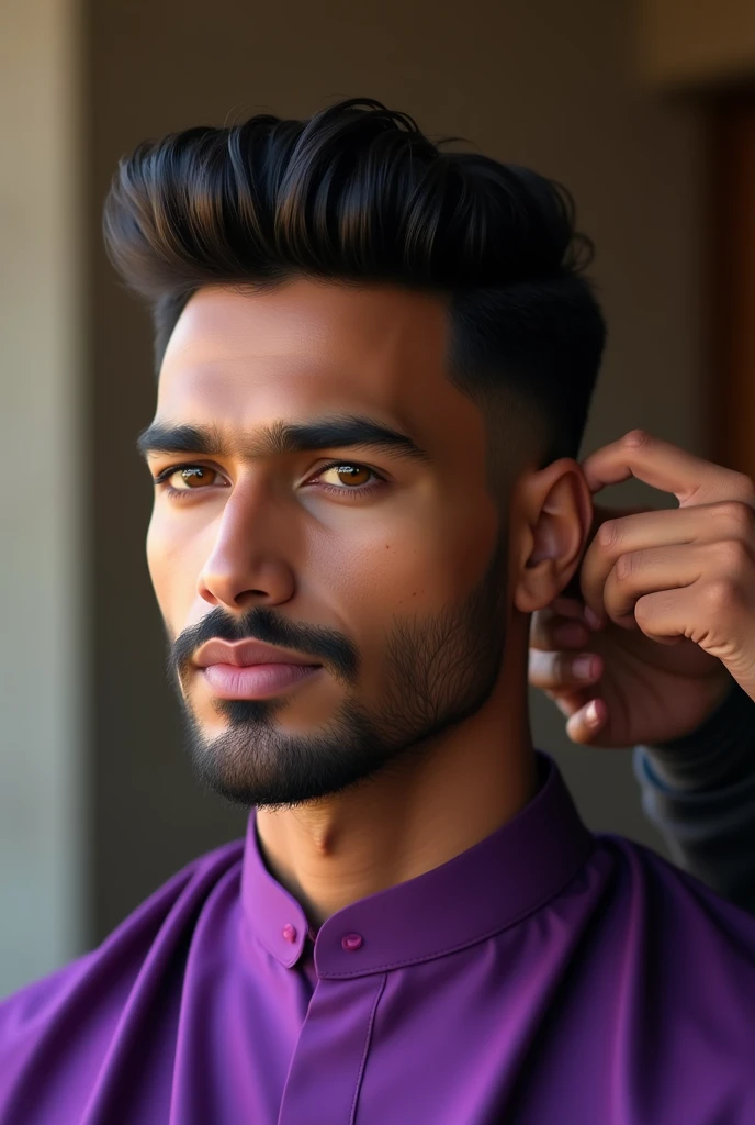 A young man,undergoing hair cut,  indian man,short like 5'6-5'7 but handsome, lips like boat but thin, bronze fair skin, sharp and strong features, joined coppery eyes with royal purple shirt,  face shape is triangular like nicola tesla, have parallel beard

