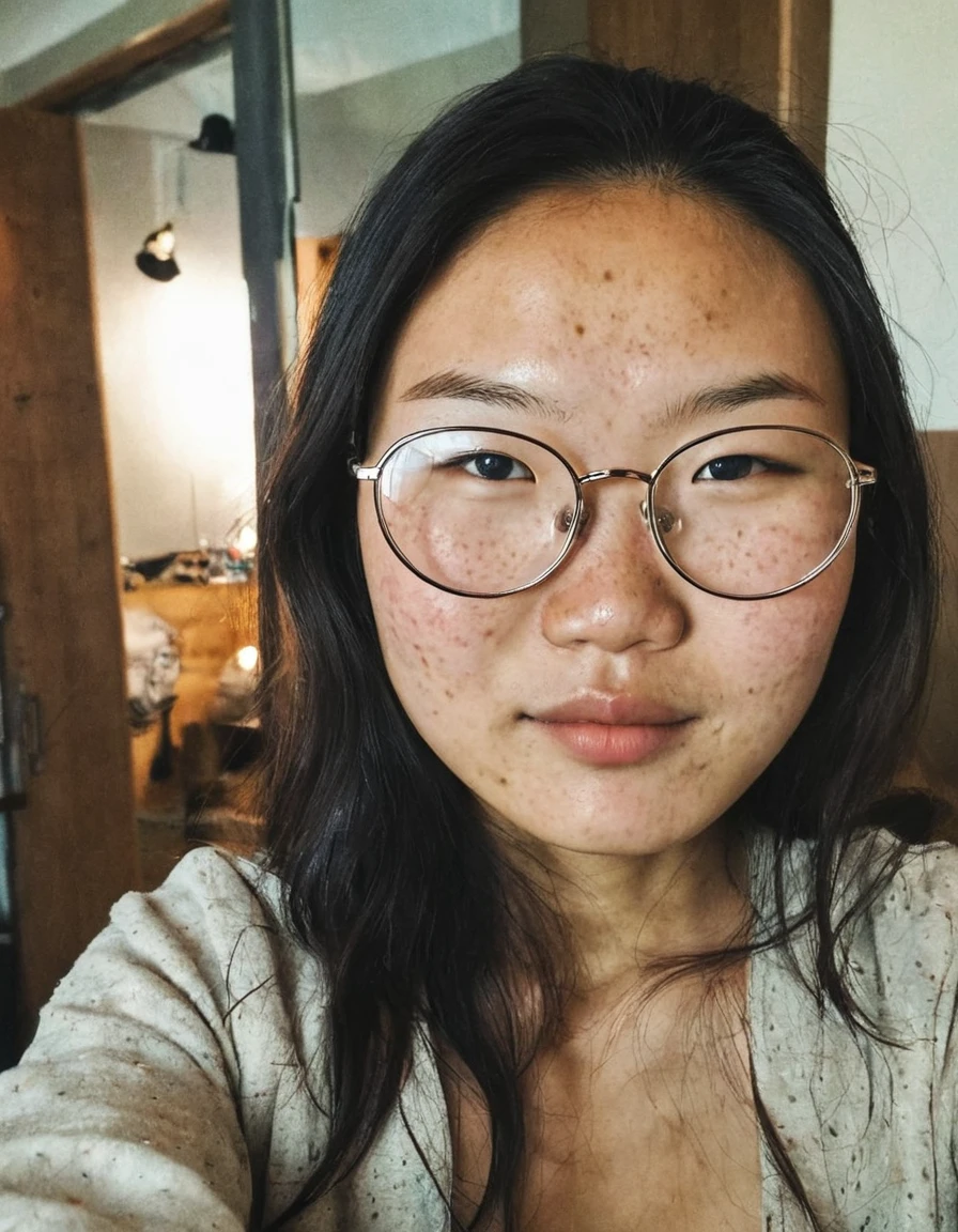Selfie of a 20-year-old Mongolian woman 、Glasses、Freckles:1.2,、incomplete, Glamour、Cleavage:1.3、Wearing clothes:1.1、bedroom