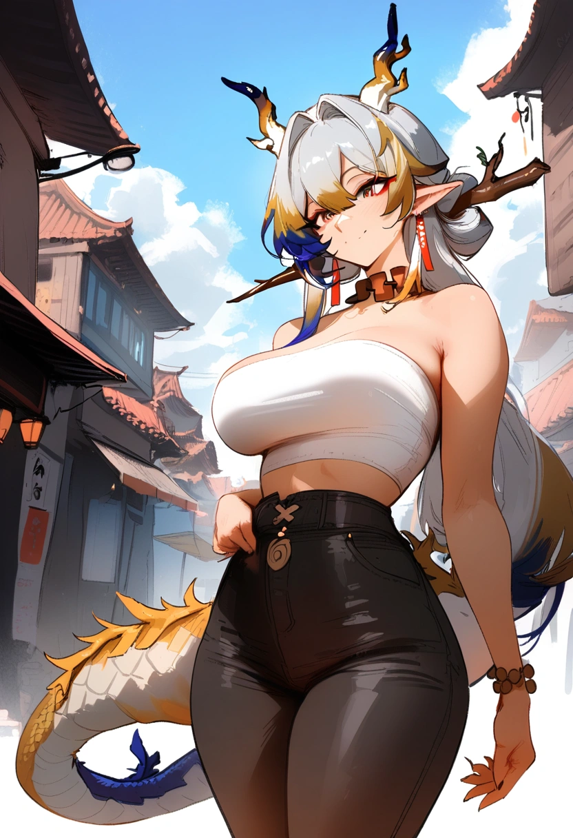 1girl, shu \(arknights\), arknights \\\\\ masterpiece, best quality, very aesthetic, absurdres, newest ///// khyle, cutesexyrobutts, nyantcha \\\\\ thin waist, highres, absurdes.,,,big breasts, dragon_girl, cropped legs, sky, clouds, dragon tail, light blue eyes, smile, tube top, horns, street