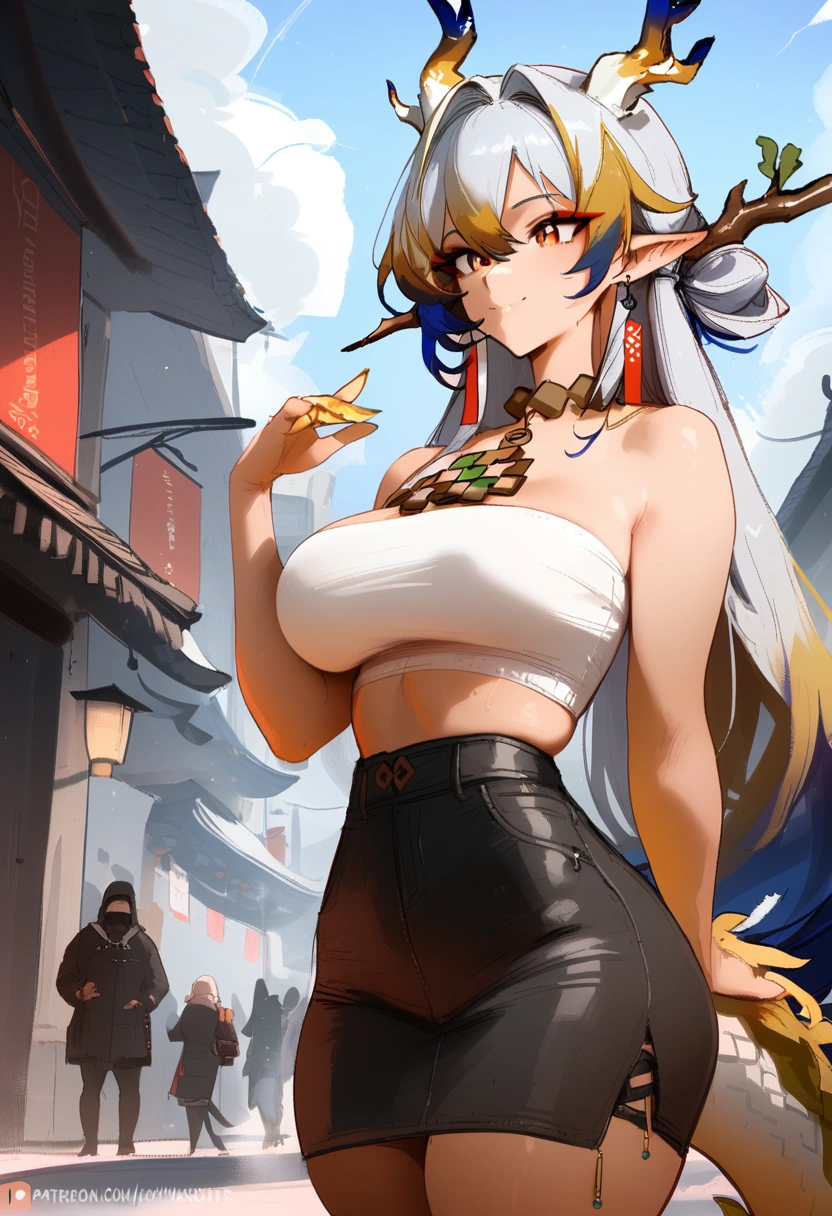 1girl, shu \(arknights\), arknights \\\\\ masterpiece, best quality, very aesthetic, absurdres, newest ///// khyle, cutesexyrobutts, nyantcha \\\\\ thin waist, highres, absurdes.,,,, dragon_girl, cropped legs, sky, clouds, dragon tail, light blue eyes, smile, tube top, horns, street