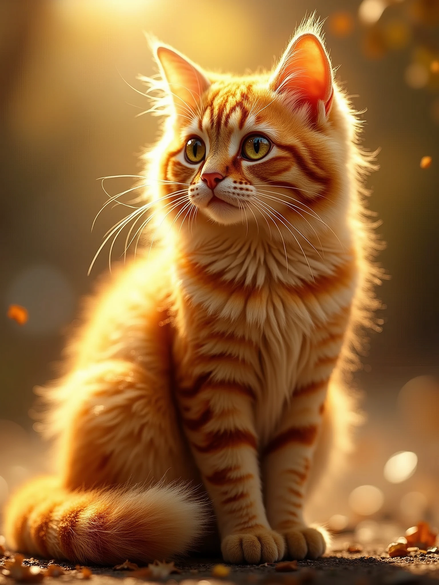 THE CAT IS FLUFFY, THE FUR GLITTERS IN THE SUN, THE GOLDEN COLOR OF THE FUR ON IT, BIG EYES,