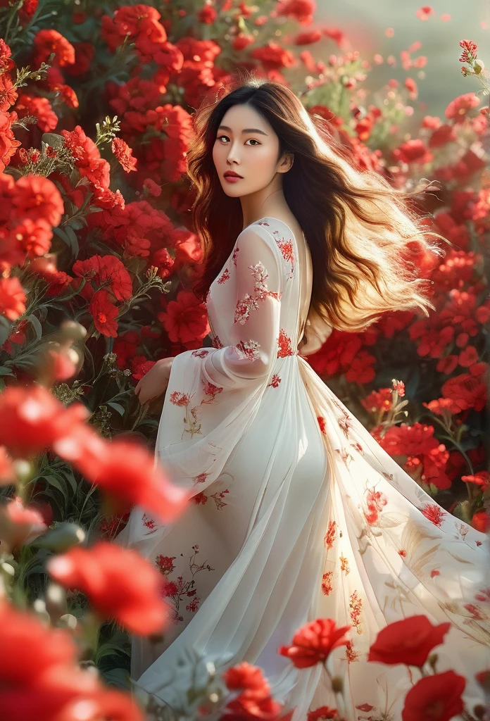 a beautiful girl in a red flower field, masterpiece, (best quality,4k,8k,highres,masterpiece:1.2),ultra-detailed,(realistic,photorealistic,photo-realistic:1.37),HDR,UHD,studio lighting,ultra-fine painting,sharp focus,physically-based rendering,extreme detail description,professional,vivid colors,bokeh,portrait,natural light,cinematic,glowing skin,long flowing hair,elegant dress,graceful pose,serene expression,lush floral background,vibrant red flowers,atmospheric lighting、シースルードレス