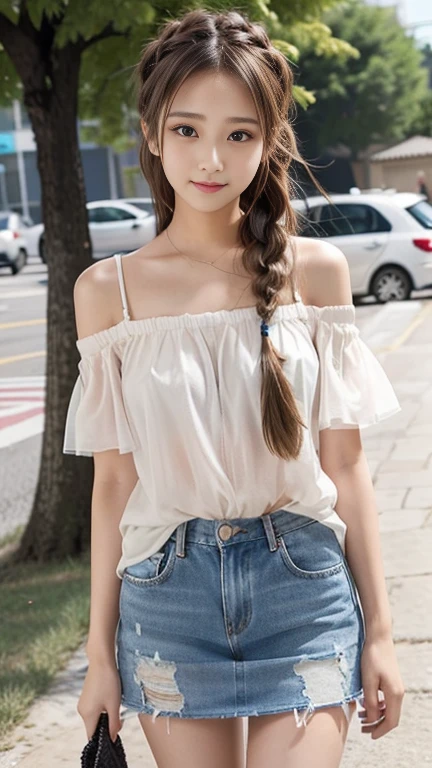 Sexy cute looks and cute 15 year old beautiful girl, Beautiful and sexy face、A strong wind blows my hair in front of my face、A little brown hair in French braids with cute and sexy eyes hidden by long bangs、Off-the-shoulder T-shirt、Tulle miniskirt