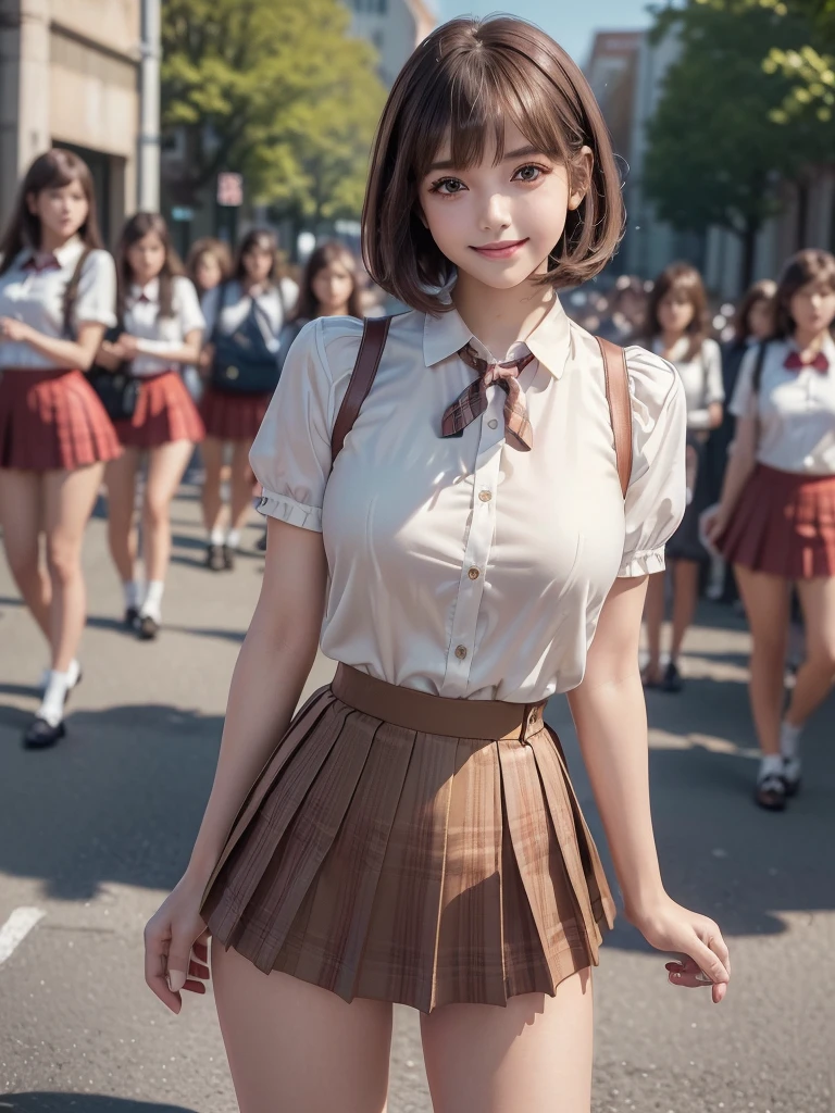 (8k, RAW Photos, Highest quality, masterpiece:1.2), (Realistic, photo-Realistic:1.4), (extremely detailed 8k wallpaper), ((Full Body Shot)), (((1 girl))), Sharp focus, Cinema Lighting, Soft Light, (Eyes of delicate beauty, Very beautiful 17 year old girl, innocent big 目s, Realistic, photo Realistic, Highly detailed cute girl, (Thin thighs), (Model body type), Slightly larger breasts、The top button of the blouse is undone、(Brown Hair), (Short Bob Hair), (Asymmetrical bangs), ((Smile)), Glowing Skin, Ultra-Dense Skin ,Detailed hairstyle, Facial beauty with attention to detail, Perfect female body, (school uniform:1.3),(Mini Skirt Red Check Micro Mini Skirt), The audience is watching, (Crowded street:1.3)、Side Shot、Dynamic movement