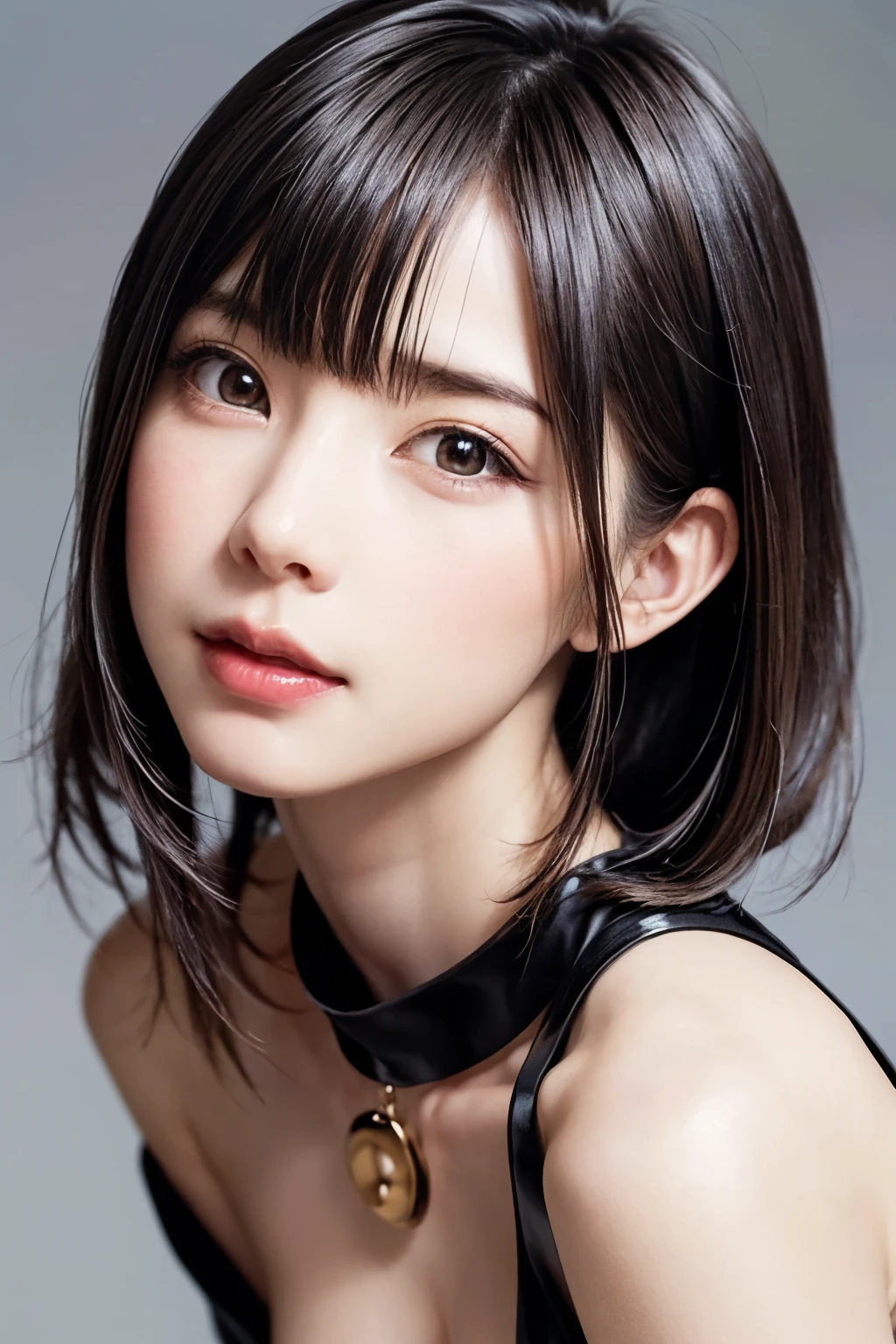 ((masterpiece, Highest quality, High resolution、Realisticですべてが美しく詳細に描かれている)), 1 girl, (Realistic: 1.4), alone, White Background, snow-White Background, Mouth closed, smile, smile, Beautiful black hair, short hair, Big eyes, Transparent double eyelids, eyelash, Listen carefully, Long neck, 美しくLong neck, Absolute area, ((Face close-up)), (Draw the whole head, shoulder), 19 years old, Attractive proportions, Glowing Skin, Beautiful clavicle, Golden ratio face, Perfect Face, Teardrop-shaped mole, chestのほくろ, bangs, clean bangs, beautiful bangs, Lip gloss, Thin lips, Fair skin, naked, Big Breasts, {Huge|big|Hugeな|Mega} chest:2, chestの谷間:2,chestの谷間を見せる、Small face, Small face, All the heads are painted, shoulder all drawn, Point slightly above the camera